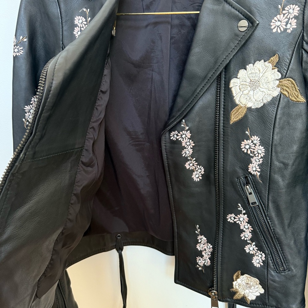 LAMARQUE Floral Embroidered Black Leather Moto Jacket XS - Picture 4 of 11